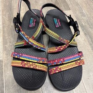 Skechers Women's Black Sandals with Multicolor Woven Straps